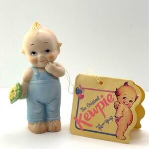 Vintage 1985 Jesco, Rose O'Neill Porcelain Kewpie Doll, in Overalls w/Flowers